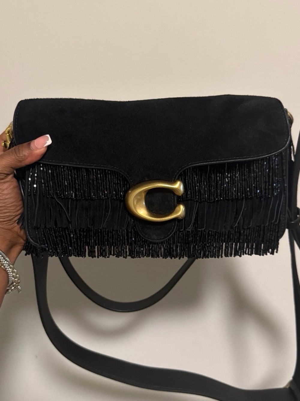 Coach Black Suede Fringe Crossbody with Brass 'C'